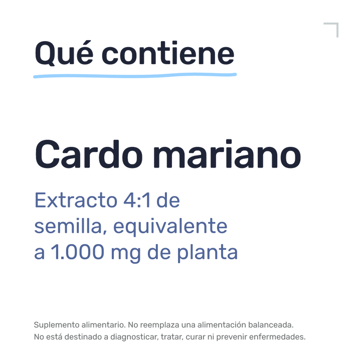 Cardo Mariano 1000mg — Qué contiene: Cardo mariano: extracto 4:1 de semilla, equivalente a 1.000 mg de planta