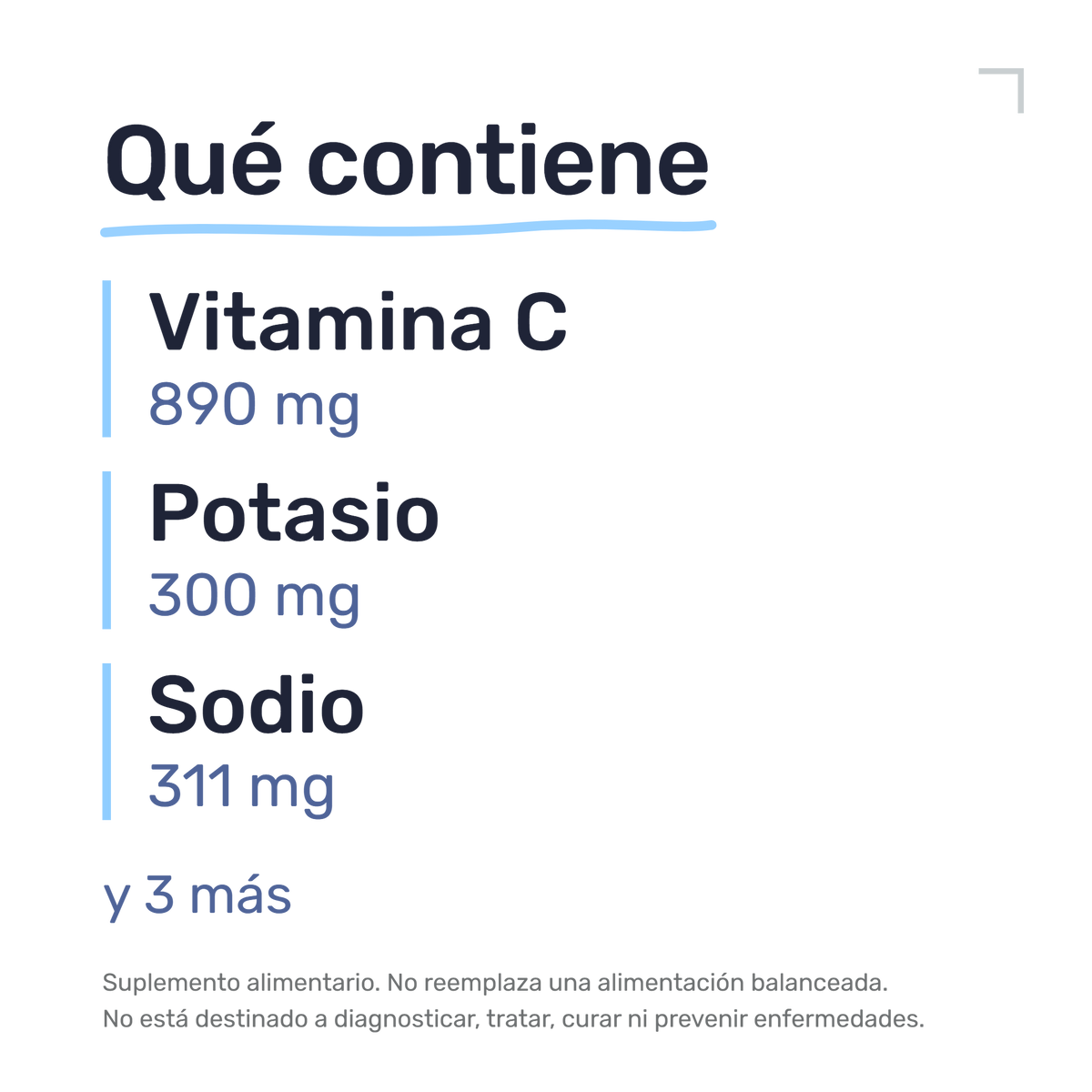 Hai ReVive — Qué contiene: vitamina C 890 mg, potasio 300 mg, sodio 311 mg, L-glutatión 1.000 mg, schizandra 500 mg, vinagre de manzana 500 mg