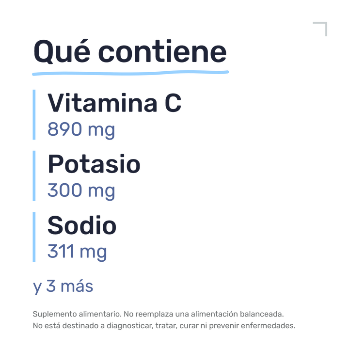 Hai ReVive — Qué contiene: vitamina C 890 mg, potasio 300 mg, sodio 311 mg, L-glutatión 1.000 mg, schizandra 500 mg, vinagre de manzana 500 mg