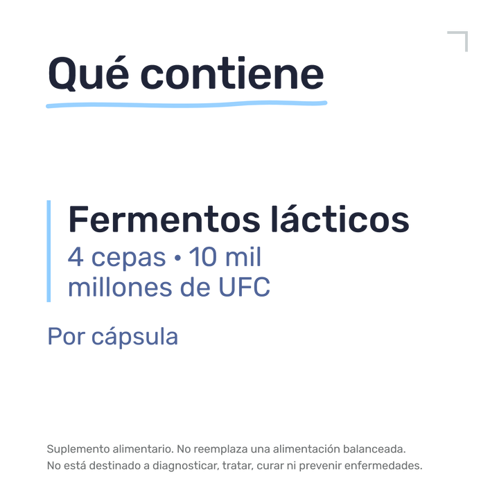 Lactibiane Reference — Qué contiene: fermentos lácticos 4 cepas, 10 mil millones de UFC, por cápsula